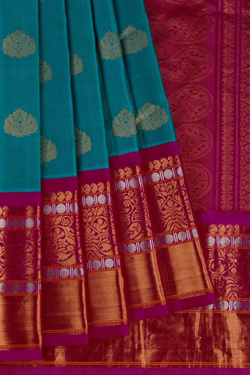 Gadwal Silk Traditional & Simplicity Teal-BlueSaree With Pink Border & Palu.